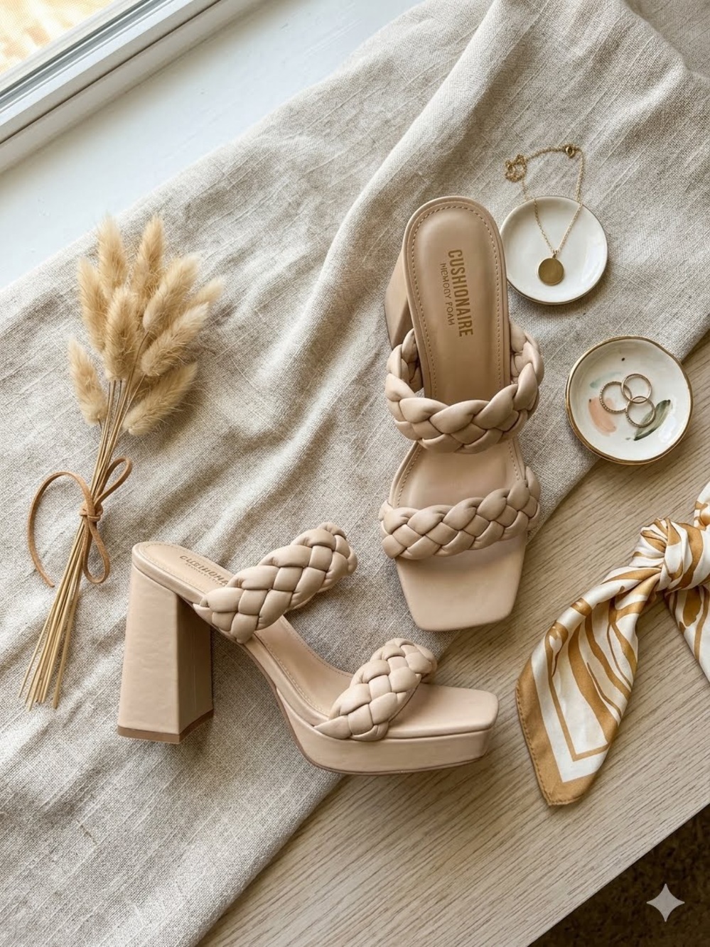 Braided‎ Double-Strap Block Heel Sandal — Beige